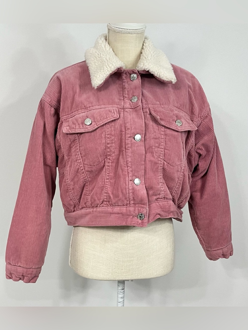 Forever 21 Pink Corduroy Cropped Sherpa Lined Coat - Size S - EUC
